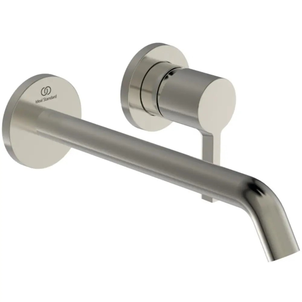 Wandarmatur von Ideal Standard mit runder Rosette und länglichem Auslauf. Die Oberfläche hat ein metallisches Finish in Silver Storm.